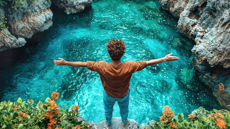 Adventurous male traveler stands on cliff edge over turquoise crystal lagoon waters. Paradise destination with wild flowers and rocky formations. Tranquil tropical landscape with aqua ocean beneath. Ai generatedの素材