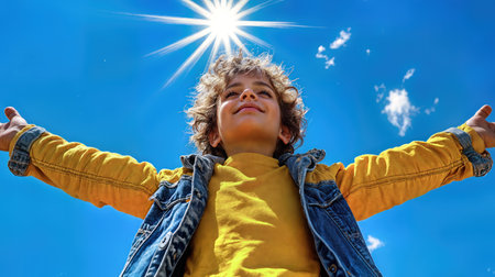 Child embracing freedom under bright sunlight with arms spread wide. Dynamic summer lifestyle moment with sunburst against blue sky. Youth, happiness, optimistic spirit and yellow outfit. Pure joy Ai generatedの素材