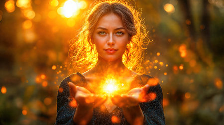 Mystical portrait with glowing magical light between hands. Ethereal female figure with supernatural aura amid golden bokeh. Fantasy concept blends spiritual and cosmic elements in enchanted nature. Ai generatedの素材