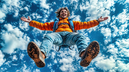 Man in orange jacket and backpack jumps against blue cloudy sky. Dynamic perspective with hiking boots. Adventure travel outdoor lifestyle leisure recreation. Euphoric happiness youth freedom Ai generatedの素材