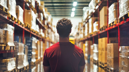 Person surveys modern warehouse interior with tall storage racks, shelving units, organized inventory management system. Industrial logistics, supply chain optimization, distribution center efficiency Ai generatedの素材