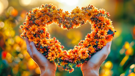 Hands holding heart shaped floral arrangement of orange chrysanthemums and autumn blooms. Golden sunlight illuminates romantic symbol against bokeh background. Love and affection expressed through vibrant flower wreath with warm sunset glow. Ai generative.の素材