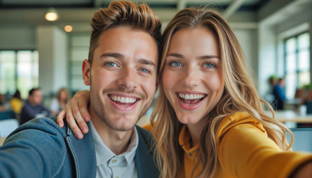 Young couple taking selfie in cafe with genuine smiles. Millennial relationship portrait with attractive blonde woman in yellow top and brunette man in denim jacket. Dating happiness with trendy genz styling in modern restaurant. Ai generative.の素材