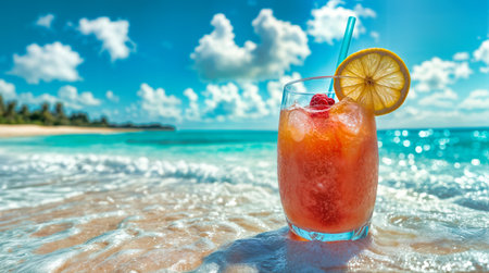 Tropical cocktail with lemon slice, raspberry and ice on sandy beach with turquoise ocean waves. Red orange fruity drink in glass with straw against paradise island backdrop. Refreshing summer vacation beverage at sunny seaside resort. Ai generative.の素材