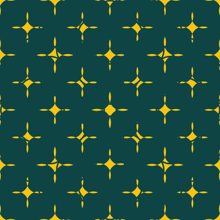 Vector, seamless, geometric, classic, symmetrical, modern style dark pattern. Yellow rhombus stars on a dark green background.のイラスト素材