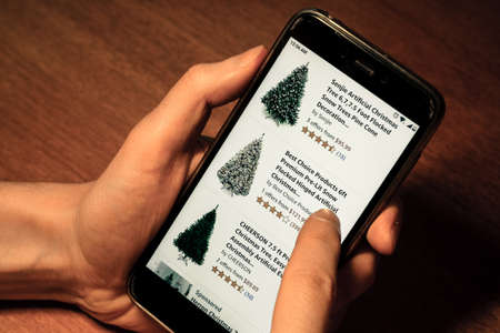 St. Petersburg, Russia, November 24 2018. man searching Christmas tree on the website of the Amazonのeditorial素材