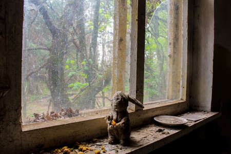 An old toy, a plush hare, infected by radiation, is sitting on the windowsill. Abandoned building in Pripyatの写真素材