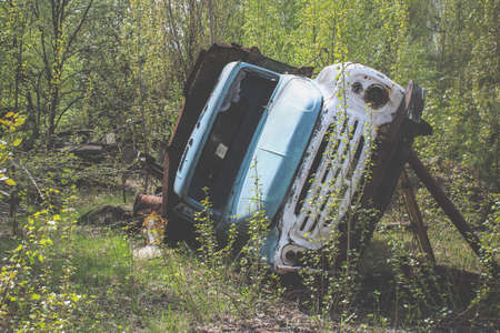 Upside-down Soviet truck. Abandoned car in Pripyat. Radiation Infected Techniqueの写真素材