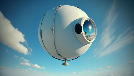 Spy balloon fly in the blue sky. White military airship or UFO. Generative AI illustrationの素材