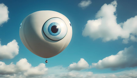 Spy balloon with eye fly in the blue sky. White military airship or UFO. Generative AI illustrationの素材