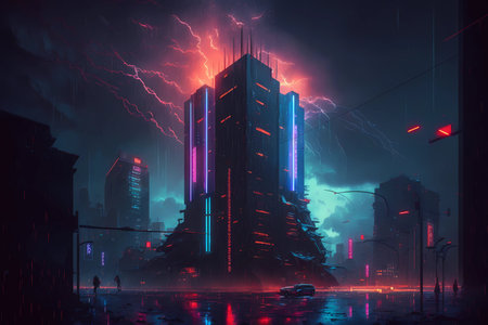 Cyberpunk skyscraper on night neon futuristic city background. Cyber punk downtown architecture concept illustration. Modern building or tower. Generated by artificial intelligenceの素材