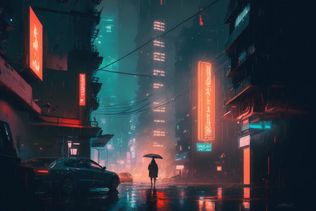 Cyberpunk man with umbrella on night neon futuristic city rain background. Cyber punk concept illustration. Technology and future fashion. Generated by artificial intelligenceの素材