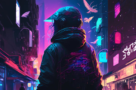 Cyberpunk man on night neon futuristic city background. Cyber punk game concept illustration. Digital fantasy, virtual reality art. Technology and future fashion. Generated by artificial intelligenceの素材