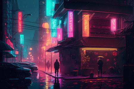 Cyberpunk man on night neon street in futuristic city background. Cyber punk game concept illustration. Digital fantasy, virtual reality art. Technology and future fashion. Generated by artificial intelligenceの素材