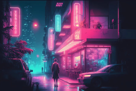 Cyberpunk lonely man on night neon futuristic city background. Cyber punk cafe or pub concept illustration. Digital fantasy street, virtual reality art. Technology and future fashion. Generated by artificial intelligenceの素材