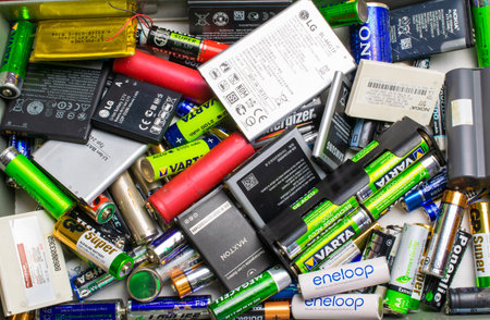cell phone batteries. stacked. battery recycling. recovery of copper, gold, lithiumのeditorial素材