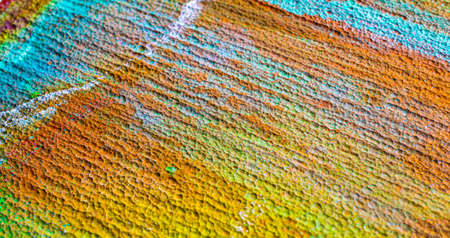 Oxidized etched copper, abstraction. Natural orange, blue. green yellow background with patina rusty copper plateの写真素材