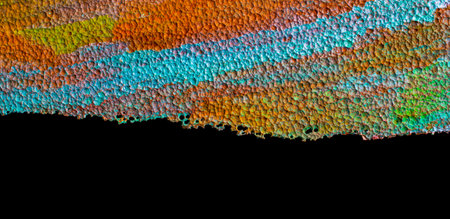 Oxidized copper, abstraction. Natural orange, blue. green yellow background with patina rusty copper plateの写真素材