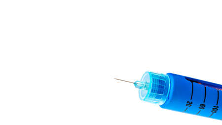 Insulin pen injector. Insulin pen fill with needle on white background. Diabetes Day.の写真素材