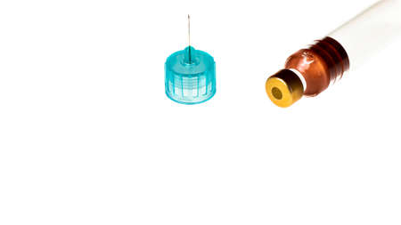 Insulin pen injector. Insulin pen fill with needle on white background. Diabetes Day.