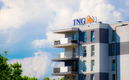 modern house with an advertisement of the Silesian ING bankのeditorial素材