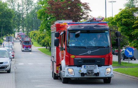 Red fire truck. Departure for rescue operation.