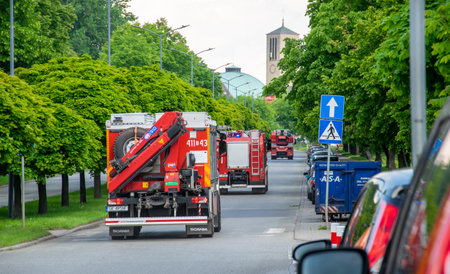 Red fire truck. Departure for rescue operation.のeditorial素材
