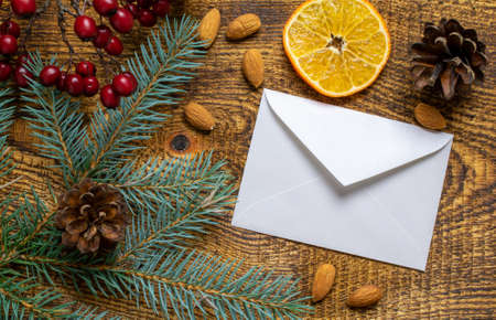 envelope for the holidays. Christmas greetings place for a noteの写真素材