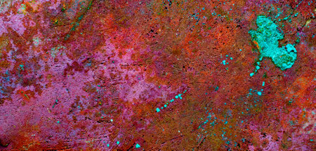 Oxidized copper, abstraction. Natural orange, blue. green yellow background with patina rusty copper...
