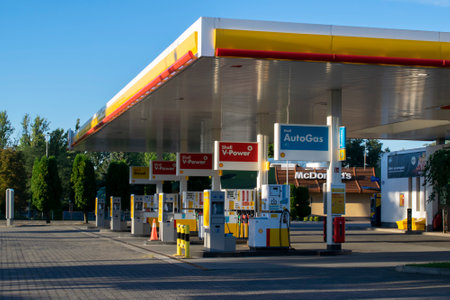 Sosnowiec, Poland, 02.27.2023 Shell gas station, high fuel pricesのeditorial素材