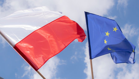 Polish flag against the skyの写真素材