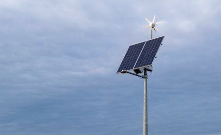 Modern street lighting pole with solar panelの写真素材