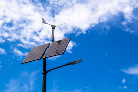Modern street lighting field with solar photovoltaic panelの写真素材