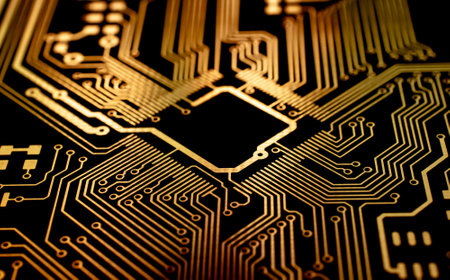printed circuit. layout of tracks. PCB. processor, chip and electronic componentsの写真素材