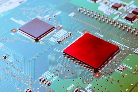 printed circuit. layout of tracks. PCB. processor, chip and electronic componentsの写真素材