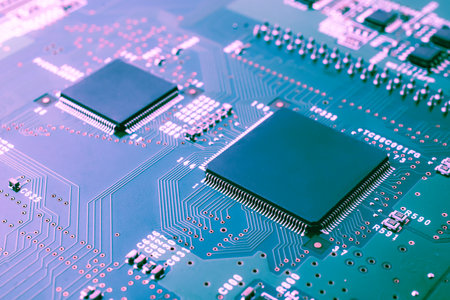 printed circuit. layout of tracks. PCB. processor, chip and electronic componentsの写真素材