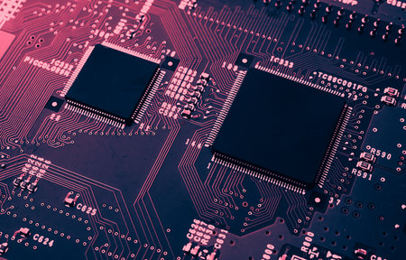 printed circuit. layout of tracks. PCB. processor, chip and electronic componentsの写真素材