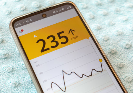 high blood sugar, glucose alarm for diabetics. blood glucose monitoring in the smartphone appの写真素材