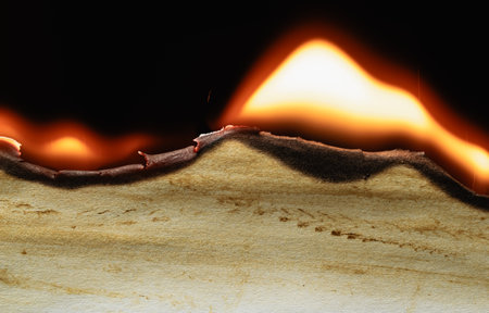 burning old brown paper, glowing edge of paper on a black backgroundの写真素材