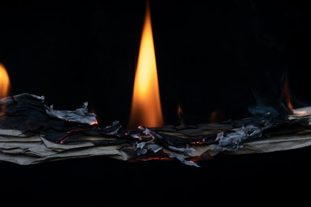 burning gray paper, glowing edge of paper on a black backgroundの写真素材