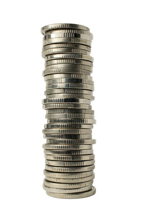 stack of coins. high wind of money coins on white backgroundの写真素材