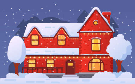 Christmas home facade decorated garland in snowfall.のイラスト素材