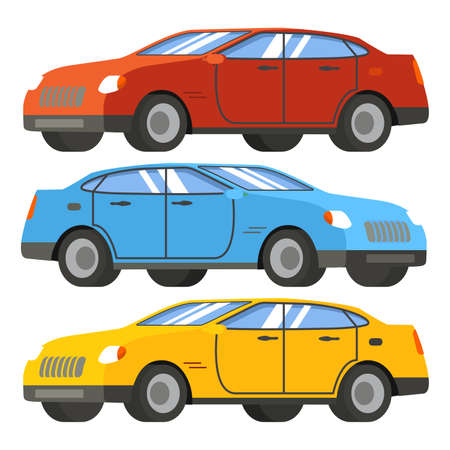 Set of cars in red, blue, yellow. Modern four-door sedan.のイラスト素材
