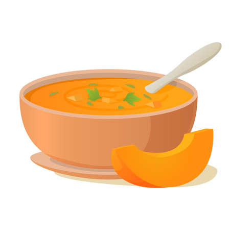 A plate of pumpkin soup with a spoon.Hot vegetable soup.のイラスト素材