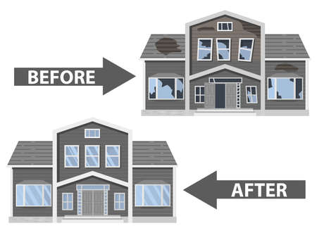 Modern house before and after repair.Old run-down home.のイラスト素材