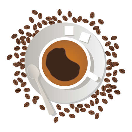 Coffee cup with lumpy sugar and a spoon on a saucer and coffee beans in flat style vector.のイラスト素材