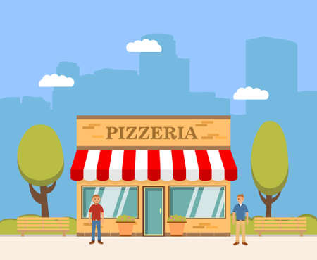 The building of the Italian restaurant of a pizzeria in flat style a vector.のイラスト素材
