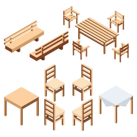 Garden and house furniture. A bench park and chairs with a table from wooden boards for the estate and a country house.のイラスト素材