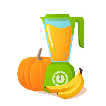 Blender with pumpkin, banana smoothie. Kitchen appliances. Fruit and vegetable juice.のイラスト素材