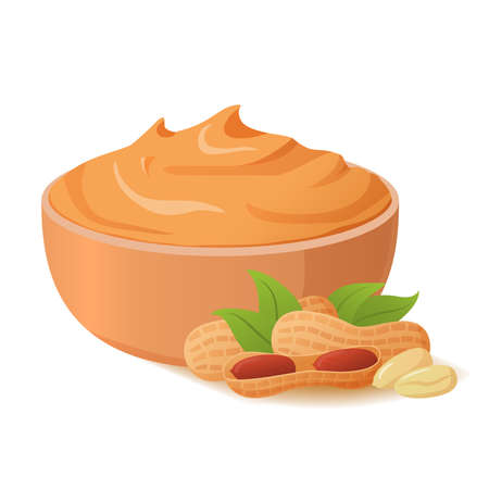 Bowl peanut butter. Nut spread. Realistic vector illustration.のイラスト素材